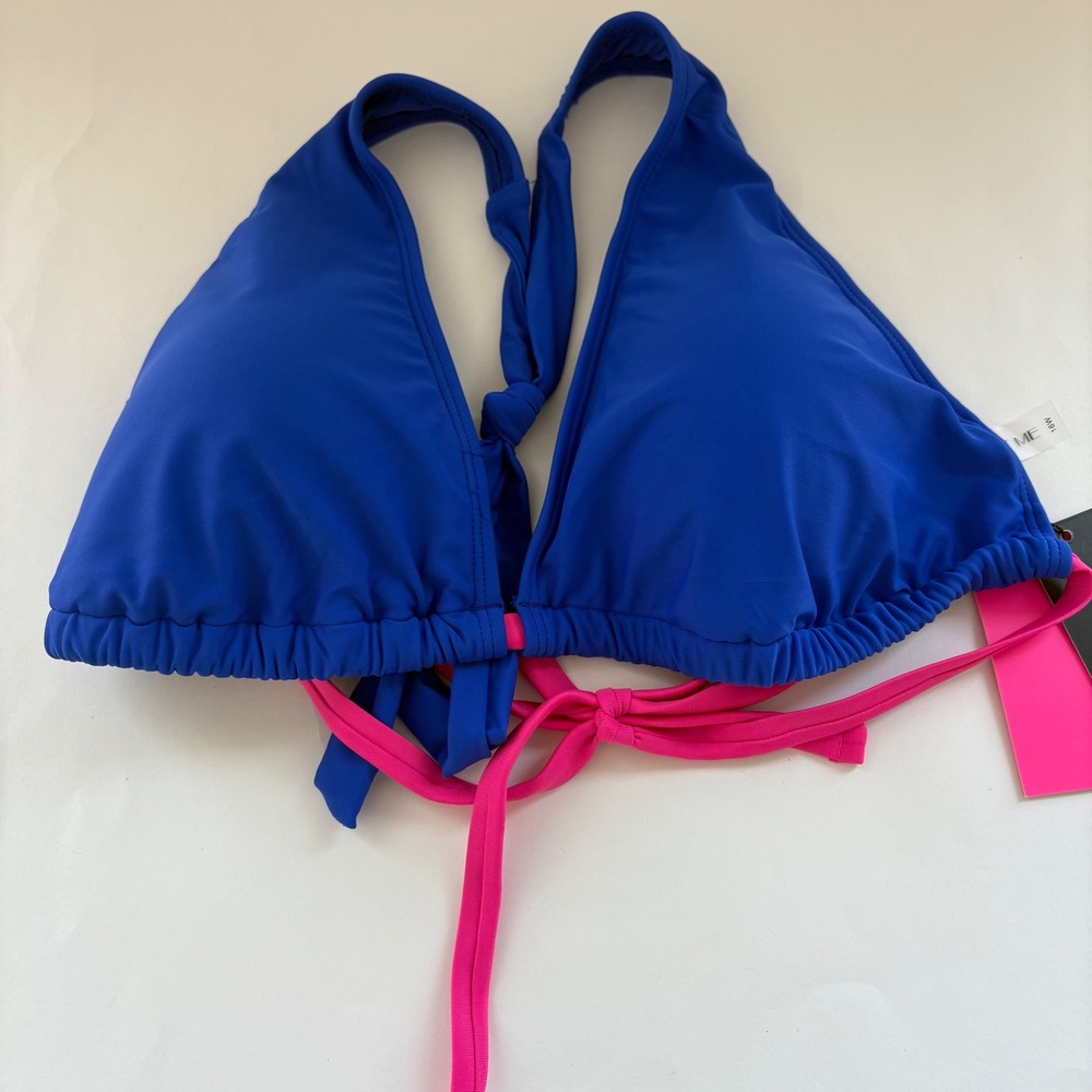 Tempt Me New w Tag Blue‎ w Pink Tie Bikini Top Halter 16W Tie Strappy Swimwear